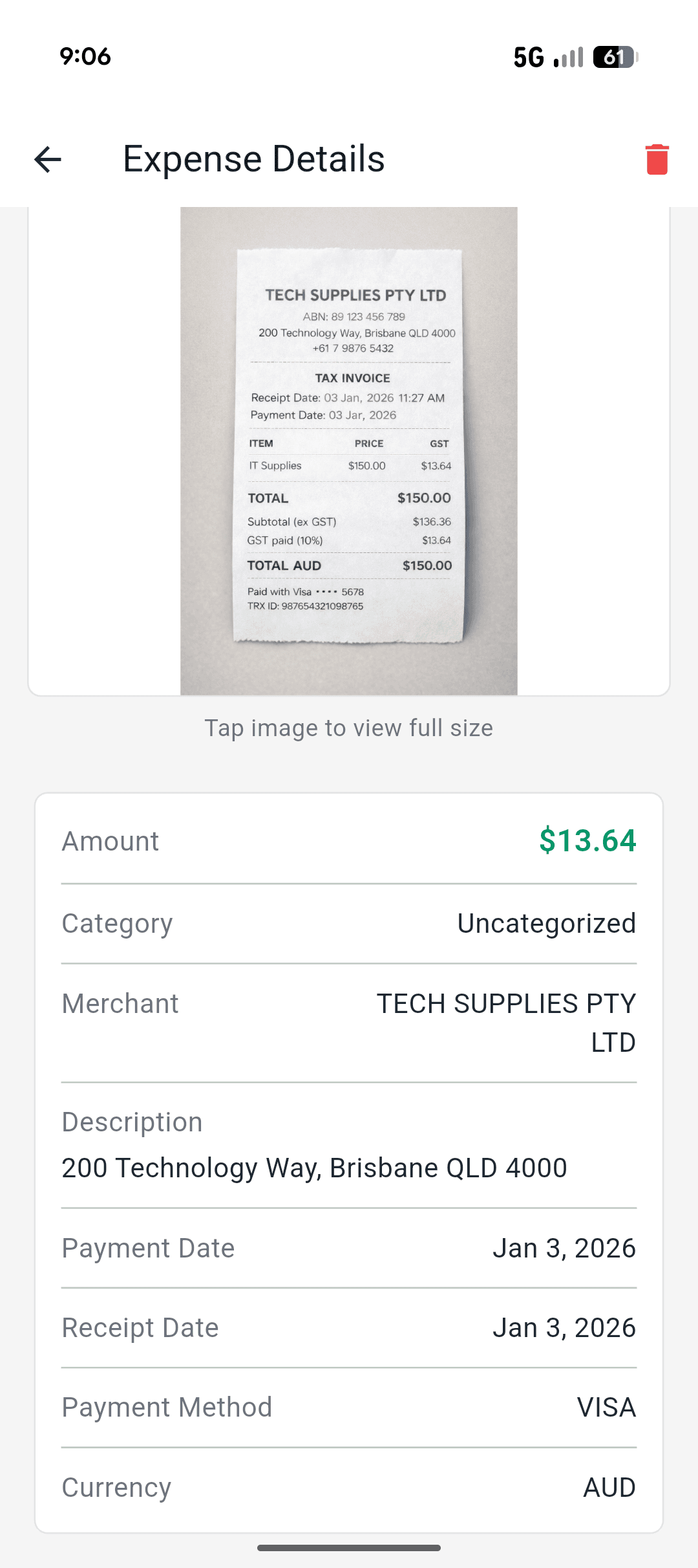 Claim Mate expenses tracking app screen for Australian sole traders - Take a photo, get instant data extraction. Review and save with one tap — no typing required. Never lose a receipt again. with ATO-compliant expense and trip management features