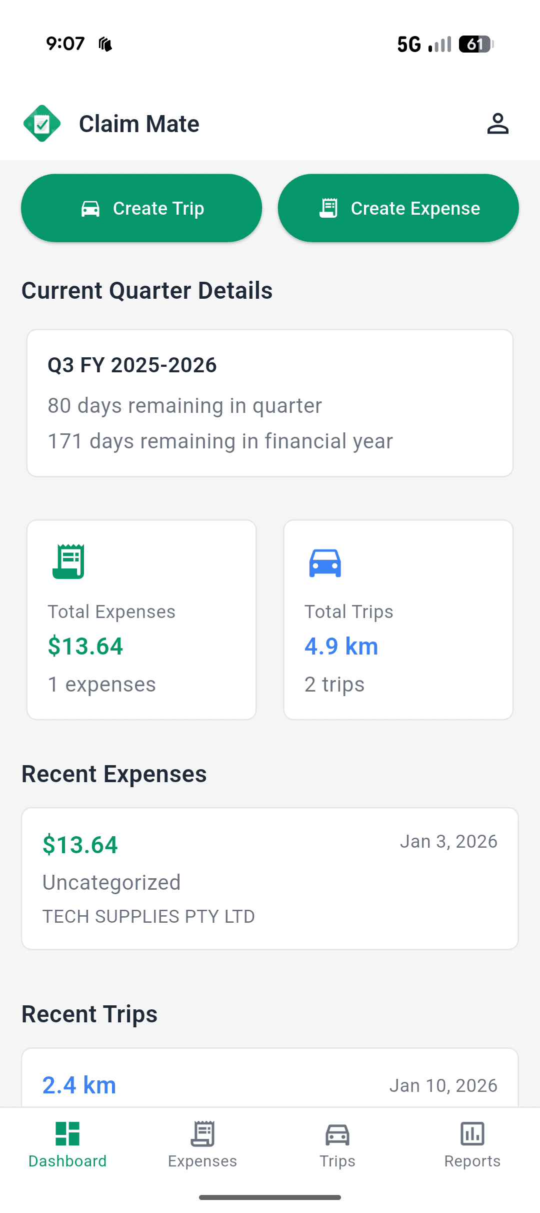 Claim Mate expense tracking app dashboard for Australian sole traders showing quarterly BAS summary, AI receipt scanning results, GST calculations, and vehicle trip tracking with automatic distance calculation